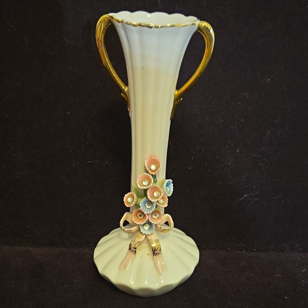 Vintage Lefton Bud Vase 70541 Ceramic Flowers Rhinestone
Gold Trim Japan MidC